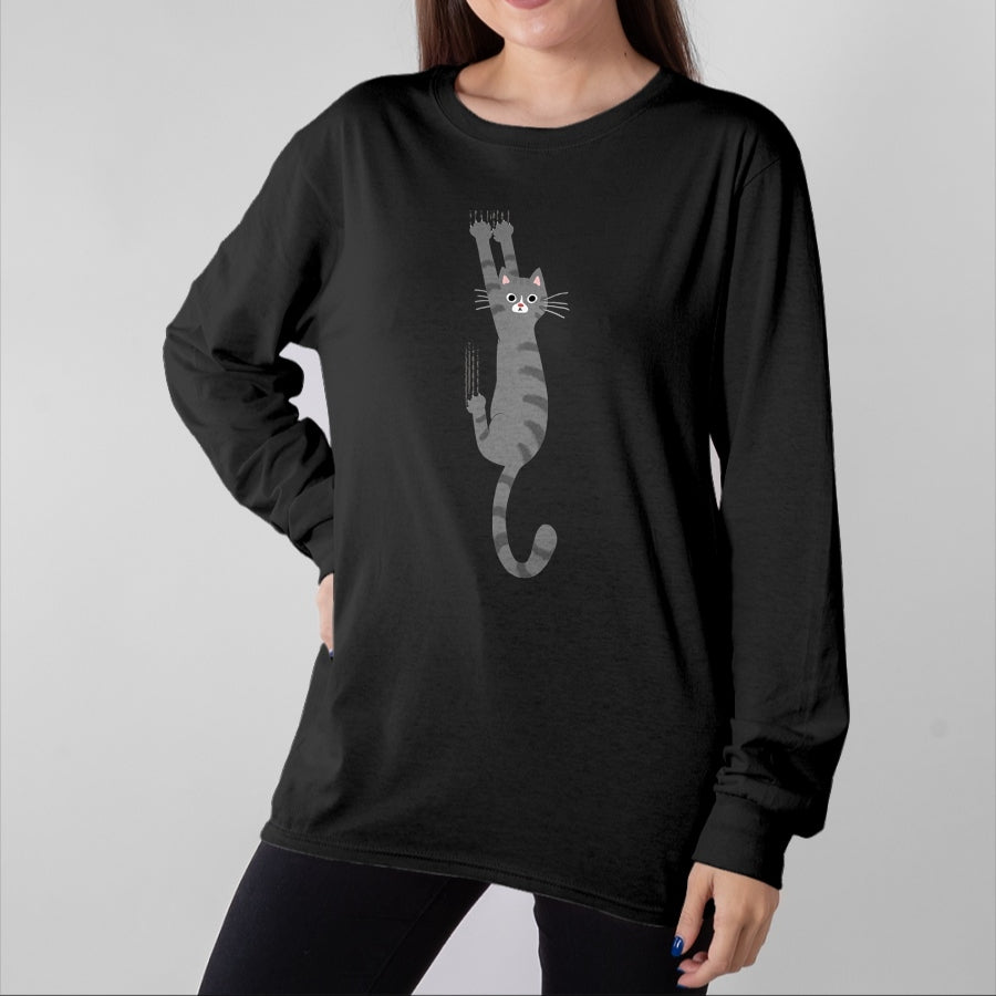 Cat Love Shirt, Funny Cat Lover Gift UnisexT-Shirt/Hoodie/Sweatshirt HLT00 - Grey Tabby Cat Hanging On Funny Gray Striped Cat Holding On T-Shirt