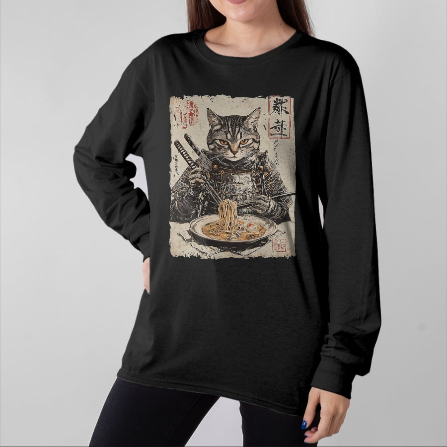 Cat Love Shirt, Funny Cat Lover Gift UnisexT-Shirt/Hoodie/Sweatshirt HLT00 - Samurai Cat Loves Ramen Funny Anime Japanese Artwork Samurai T-Shirt, Men, Black, X-Large