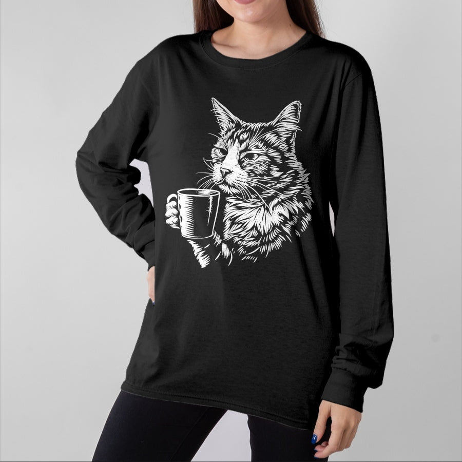 Cat Love Shirt, Funny Cat Lover Gift UnisexT-Shirt/Hoodie/Sweatshirt HLT00 - Cat Drinking Coffee Lover Barista Funny Animal Tired Cat T-Shirt