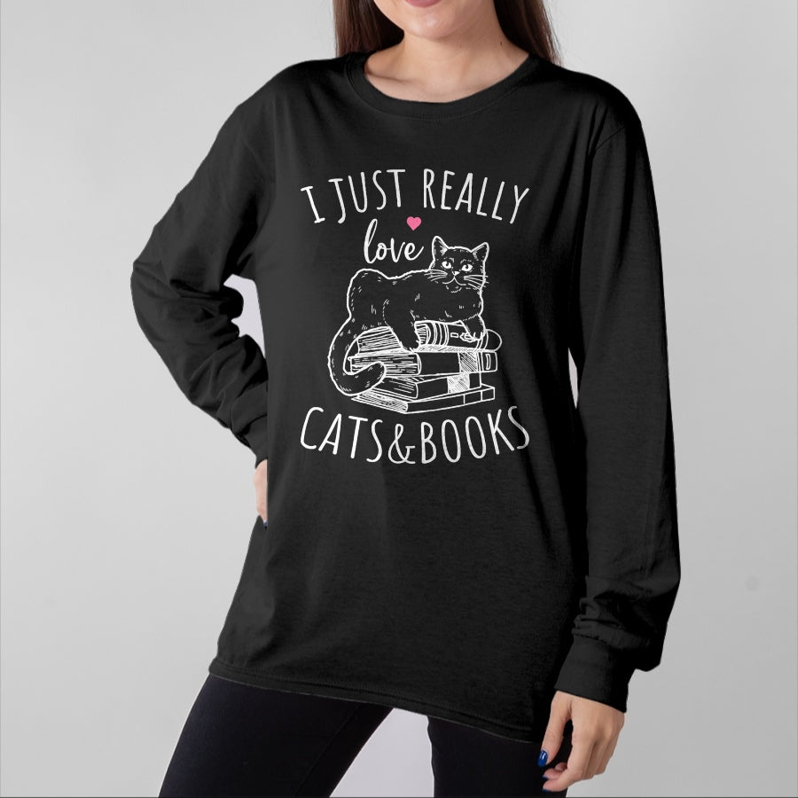 Cat Love Shirt, Funny Cat Lover Gift UnisexT-Shirt/Hoodie/Sweatshirt HLT00 - I Just Really Love Reading Books And Cats Funny Cat And book T-Shirt (1)