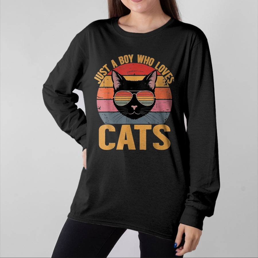 Cat Love Shirt, Funny Cat Lover Gift UnisexT-Shirt/Hoodie/Sweatshirt HLT00 - Just A Boy Who Loves Cats Retro Cat Lover Boys Kids T-Shirt, Youth, Black, Small