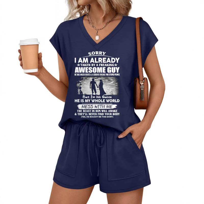 Sorry I'm Already Taken By A Freaking Awesome Guy V-Neck Lounge Set W02 - Perfect Gift From Husband/Boyfriend - LUAN00 (SKU2607-88-00)