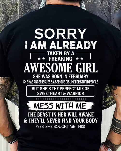 FEBRUARY - TAKEN MAN - FREAKING AWESOME GIRL - SWEETHEART & WARRIOR - PERFECT GIFT FROM WIFE/GIRLFRIEND TO HUSBAND/BOYFRIEND - LUAN02 (SKU2609-279-02)