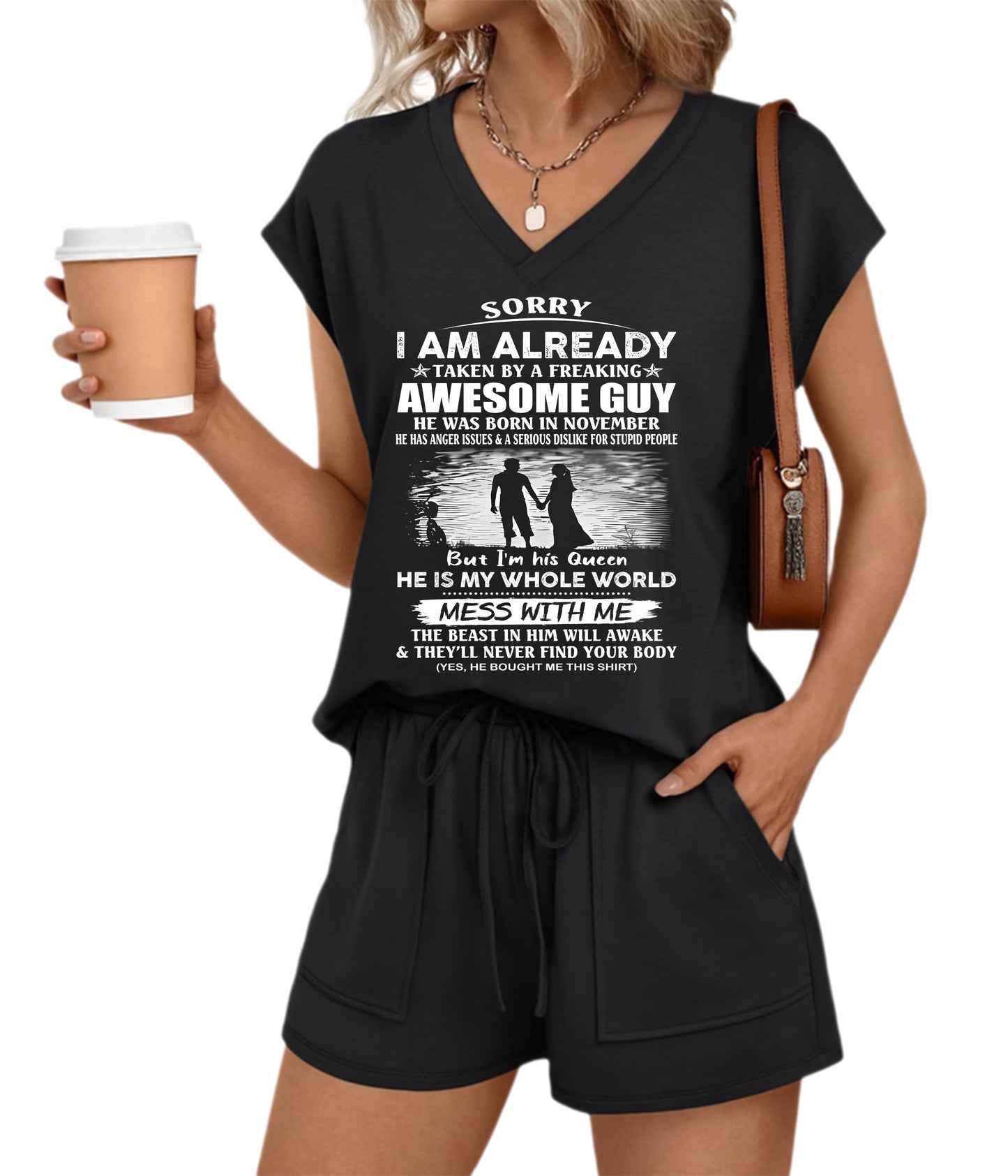 November Sorry I'm Already Taken By A Freaking Awesome Guy V-Neck Lounge Set W02 - Perfect Gift From Husband/Boyfriend - LUAN11 (SKU2607-88-11)