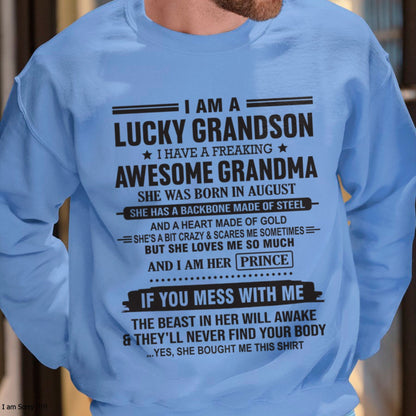 I Am A Lucky Grandson T-Shirt – Birthday Gift From August Grandma / Woman - luan08 (SKU11-29-08)