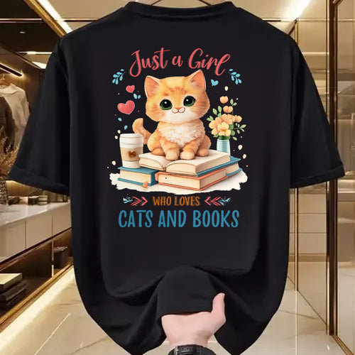 Cat Love Shirt, Funny Cat Lover Gift UnisexT-Shirt/Hoodie/Sweatshirt HLT00 - Just a Girl Who Loves Cats and Books Reading Cat & Bookworm Long Sleeve T-Shirt