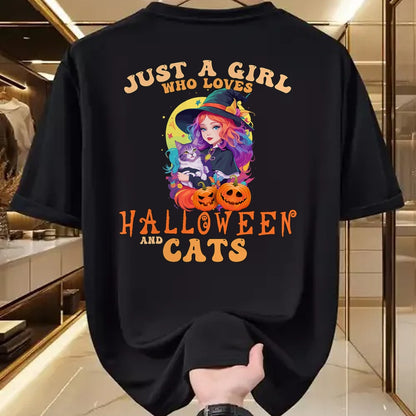 Cat Love Shirt, Funny Cat Lover Gift UnisexT-Shirt/Hoodie/Sweatshirt HLT00 - Just A Girl Who Loves Halloween and Cats Spooky Fall Pumpkin T-Shirt