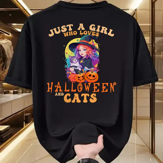 Cat Love Shirt, Funny Cat Lover Gift UnisexT-Shirt/Hoodie/Sweatshirt HLT00 - Just A Girl Who Loves Halloween and Cats Spooky Fall Pumpkin T-Shirt