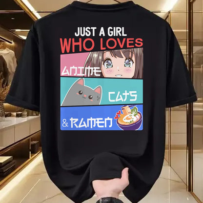 Cat Love Shirt, Funny Cat Lover Gift UnisexT-Shirt/Hoodie/Sweatshirt HLT00 - Just A Girl Who Loves Anime Cats & Ramen Lover Kawaii Otaku Long Sleeve T-Shirt