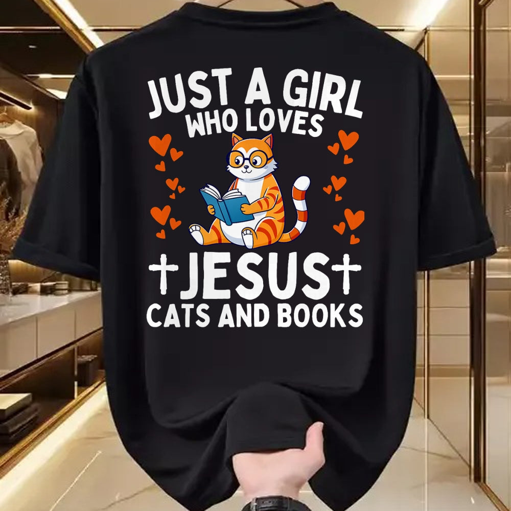 Cat Love Shirt, Funny Cat Lover Gift UnisexT-Shirt/Hoodie/Sweatshirt HLT00 - Just A Girl Who Loves Jesus Cats and Books Christian T-Shirt (1)
