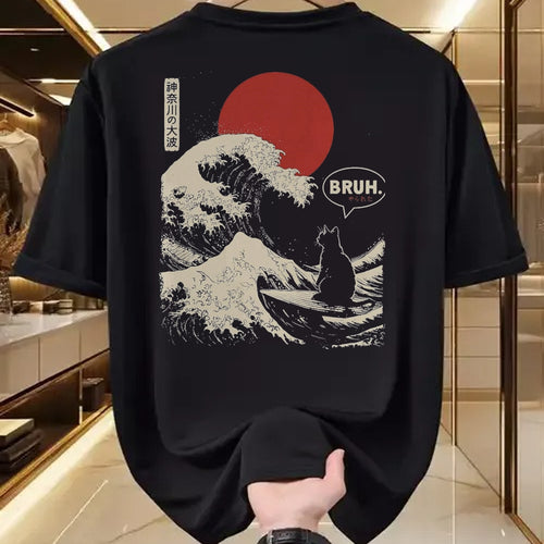 Cat Love Shirt, Funny Cat Lover Gift UnisexT-Shirt/Hoodie/Sweatshirt HLT00 - Bruh. The Great Wave Kanagawa Funny Japanese Surfing Cat T-Shirt, Men, Black, Large