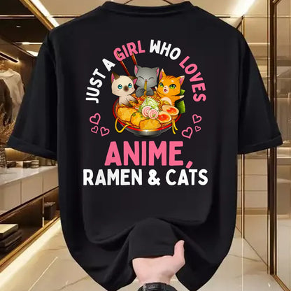 Cat Love Shirt, Funny Cat Lover Gift UnisexT-Shirt/Hoodie/Sweatshirt HLT00 - Just a Girl Who Loves Anime Ramen and Cats Kawaii Manga Gift Long Sleeve T-Shirt