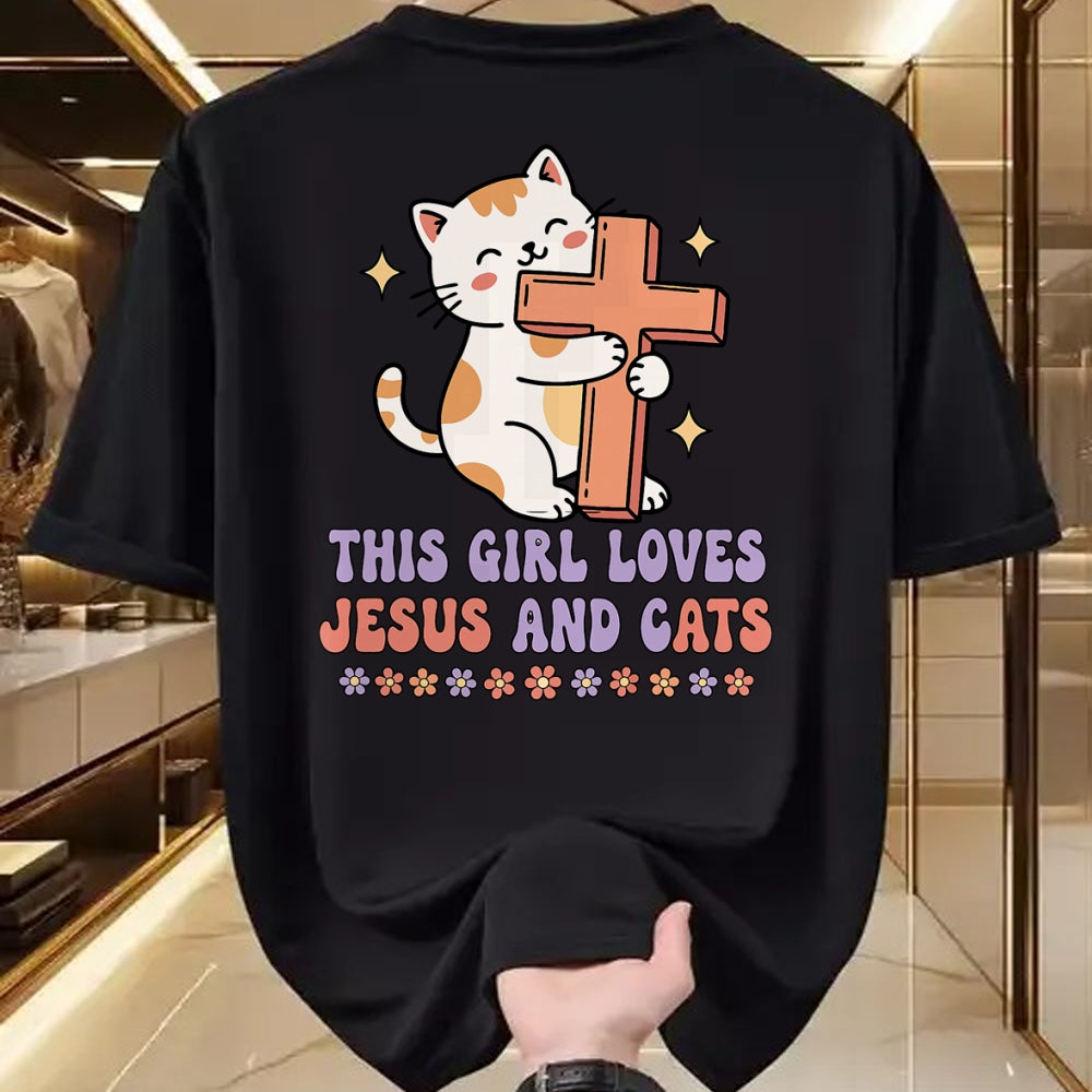 Cat Love Shirt, Funny Cat Lover Gift UnisexT-Shirt/Hoodie/Sweatshirt HLT00 - Christian This Girl Loves Jesus and Cats Cat Hugging Cross T-Shirt (1)