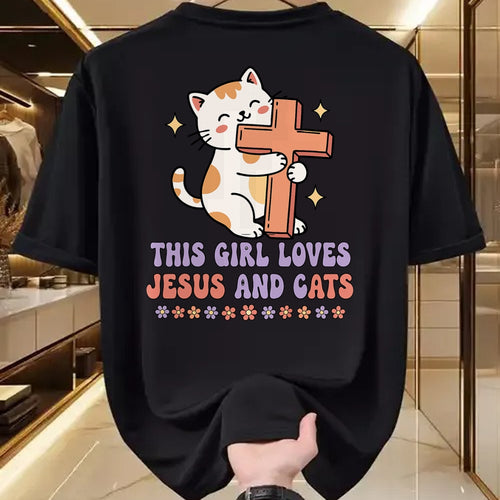 Cat Love Shirt, Funny Cat Lover Gift UnisexT-Shirt/Hoodie/Sweatshirt HLT00 - Christian This Girl Loves Jesus and Cats Cat Hugging Cross T-Shirt (1)