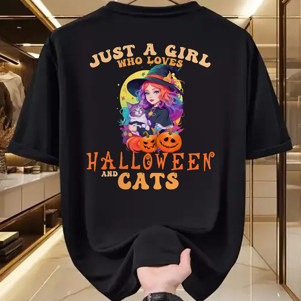 Shirt, Funny Cat Lover Gift UnisexT-Shirt/Hoodie/Sweatshirt HLT00 - Just A Girl Who Loves Halloween and Cats Spooky Fall Pumpkin T-Shirt (1)