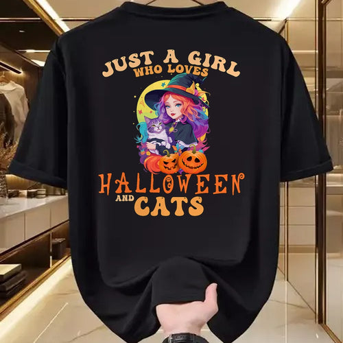 Shirt, Funny Cat Lover Gift UnisexT-Shirt/Hoodie/Sweatshirt HLT00 - Just A Girl Who Loves Halloween and Cats Spooky Fall Pumpkin T-Shirt (1)