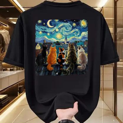 Cat Love Shirt, Funny Cat Lover Gift UnisexT-Shirt/Hoodie/Sweatshirt HLT00 - Funny Cat Starry Night Van Gogh Cats Rooftop Scene Feline T-Shirt, Women, Black, 3X-Large
