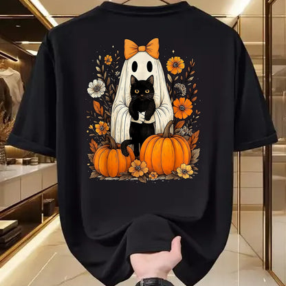 Cat Love Shirt, Funny Cat Lover Gift UnisexT-Shirt/Hoodie/Sweatshirt HLT00 - Vintage Halloween Ghost Holding Black Cat Groovy Floral T-Shirt, Women_s Plus, Black, 2X