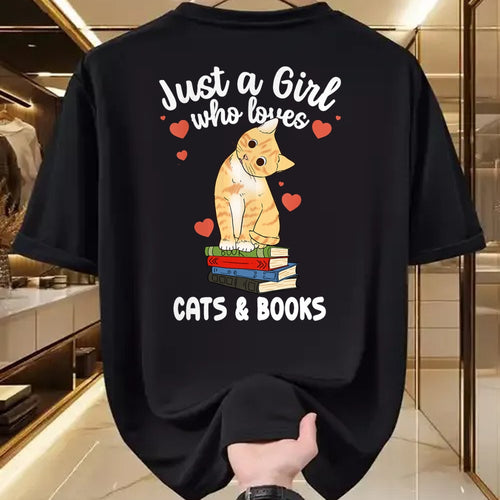 Cat Love Shirt, Funny Cat Lover Gift UnisexT-Shirt/Hoodie/Sweatshirt HLT00 - Just a Girl Who Loves Cats and Books Reading Cat & Bookworm T-Shirt