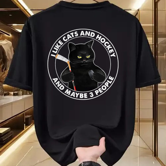 Cat Love Shirt, Funny Cat Lover Gift UnisexT-Shirt/Hoodie/Sweatshirt HLT00 - I Like Cats and Hockey and Maybe 3 People Funny Black Cats T-Shirt, Men, Black, 3X-Large