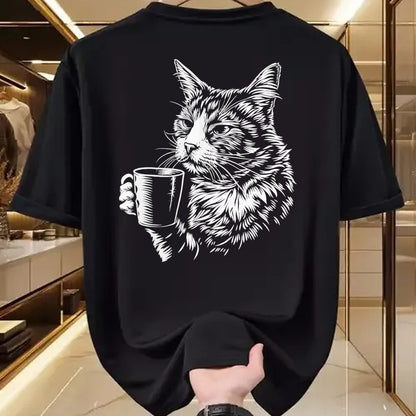 Cat Love Shirt, Funny Cat Lover Gift UnisexT-Shirt/Hoodie/Sweatshirt HLT00 - Cat Drinking Coffee Lover Barista Funny Animal Tired Cat T-Shirt