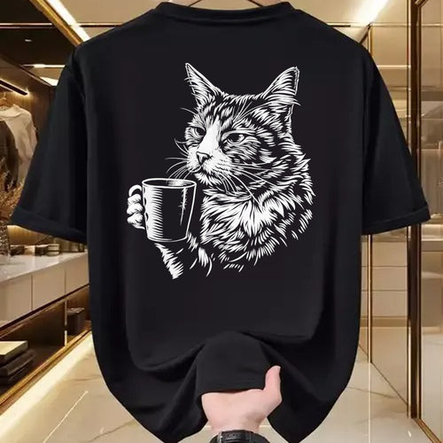 Cat Love Shirt, Funny Cat Lover Gift UnisexT-Shirt/Hoodie/Sweatshirt HLT00 - Cat Drinking Coffee Lover Barista Funny Animal Tired Cat T-Shirt