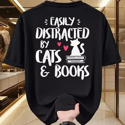 Cat Love Shirt, Funny Cat Lover Gift UnisexT-Shirt/Hoodie/Sweatshirt HLT00 - Easily Distracted by Cats and Books - Cat & Book Lover T-Shirt