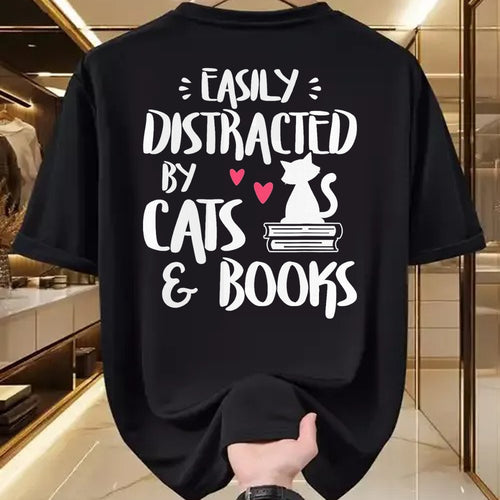 Cat Love Shirt, Funny Cat Lover Gift UnisexT-Shirt/Hoodie/Sweatshirt HLT00 - Easily Distracted by Cats and Books - Cat & Book Lover T-Shirt