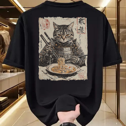 Cat Love Shirt, Funny Cat Lover Gift UnisexT-Shirt/Hoodie/Sweatshirt HLT00 - Samurai Cat Loves Ramen Funny Anime Japanese Artwork Samurai T-Shirt, Men, Black, X-Large