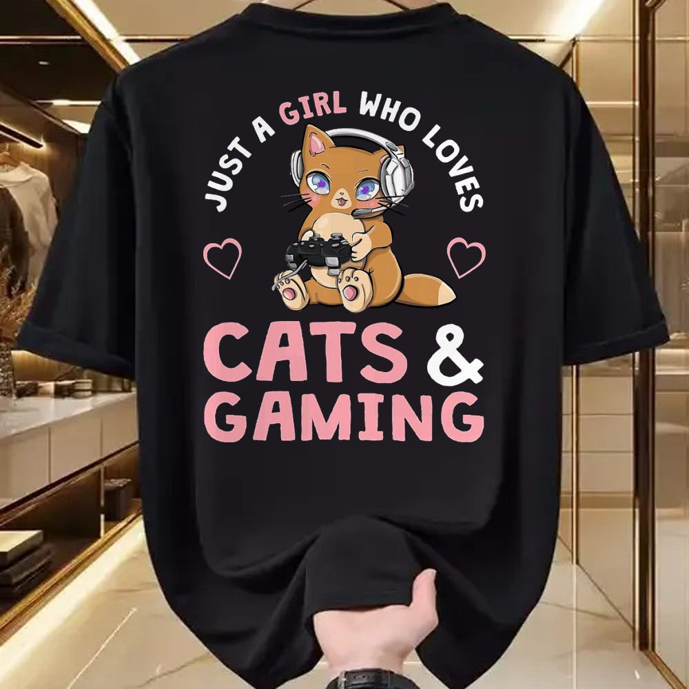 Cat Love Shirt, Funny Cat Lover Gift UnisexT-Shirt/Hoodie/Sweatshirt HLT00 - Just A Girl Who Loves Cats and Gaming Cute Gamer Cat T-Shirt, Men, Black, X-Large