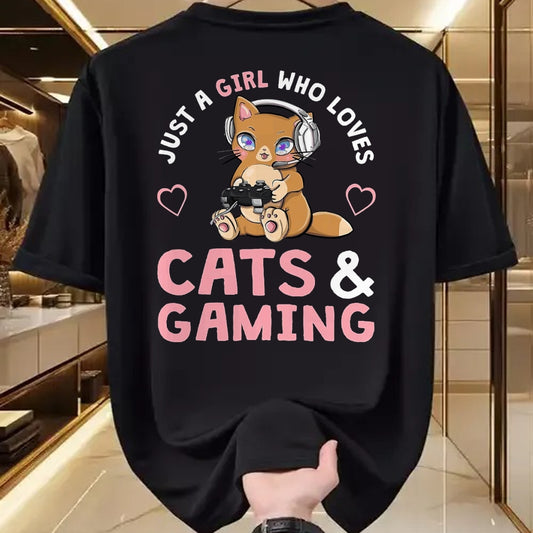 Cat Love Shirt, Funny Cat Lover Gift UnisexT-Shirt/Hoodie/Sweatshirt HLT00 - Just A Girl Who Loves Cats and Gaming Cute Gamer Cat T-Shirt, Men, Black, X-Large