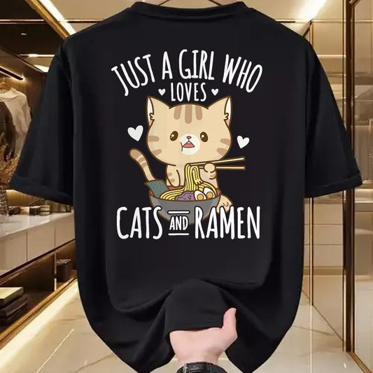Cat Love Shirt, Funny Cat Lover Gift UnisexT-Shirt/Hoodie/Sweatshirt HLT00 - Just A Girl Who Loves Cats And Ramen T-Shirt