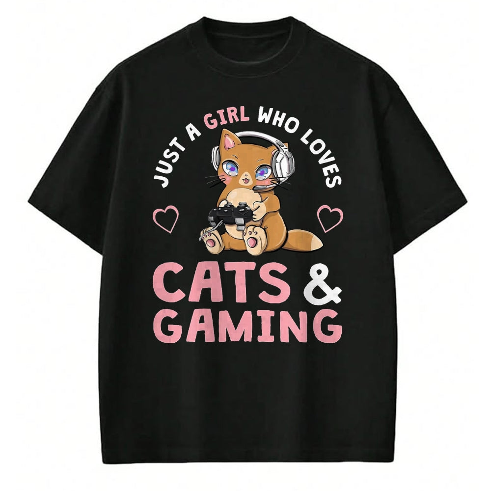 Cat Love Shirt, Funny Cat Lover Gift UnisexT-Shirt/Hoodie/Sweatshirt HLT00 - Just A Girl Who Loves Cats and Gaming Cute Gamer Cat T-Shirt, Men, Black, 3X-Large