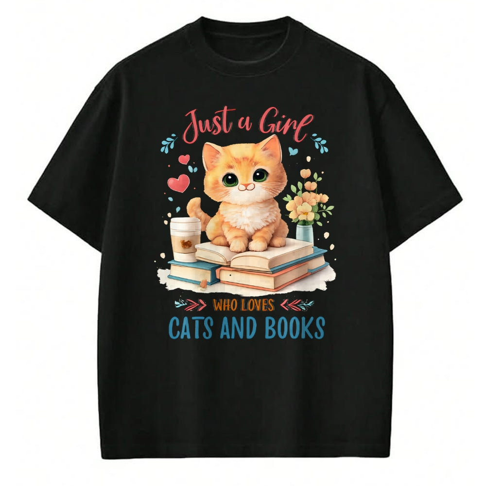 Cat Love Shirt, Funny Cat Lover Gift UnisexT-Shirt/Hoodie/Sweatshirt HLT00 - Just a Girl Who Loves Cats and Books Reading Cat & Bookworm Long Sleeve T-Shirt