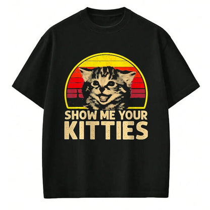Cat Love Shirt, Funny Cat Lover Gift UnisexT-Shirt/Hoodie/Sweatshirt HLT00 - Show me Your Kitties Cat Lover Retro Vintage Sunset T-Shirt, Men, Black, 3X-Large