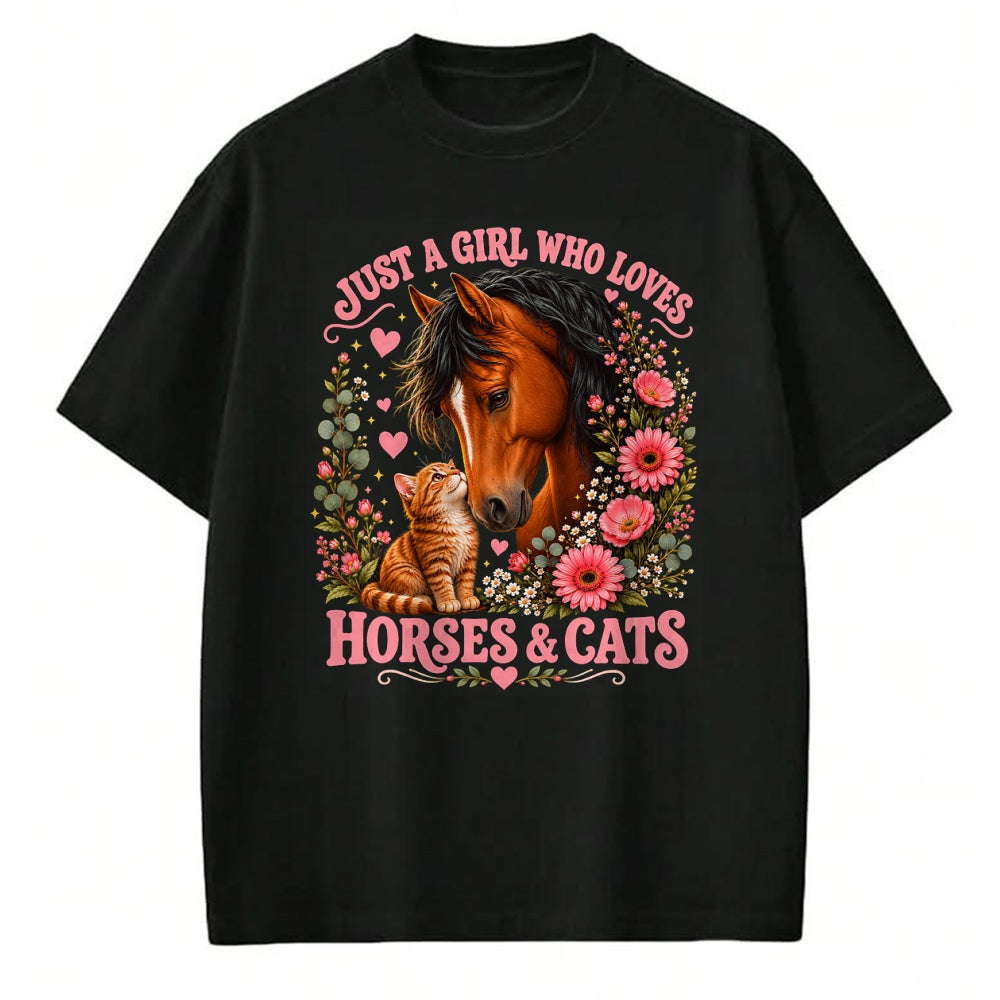 Cat Love Shirt, Funny Cat Lover Gift UnisexT-Shirt/Hoodie/Sweatshirt HLT00 - Just a Girl Who Loves Horses and Cats Floral Animal Lover T-Shirt