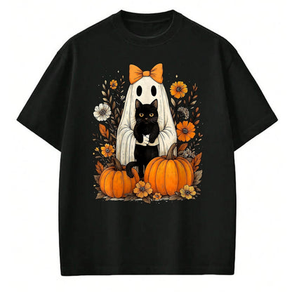 Cat Love Shirt, Funny Cat Lover Gift UnisexT-Shirt/Hoodie/Sweatshirt HLT00 - Vintage Halloween Ghost Holding Black Cat Groovy Floral T-Shirt, Women_s Plus, Black, 2X