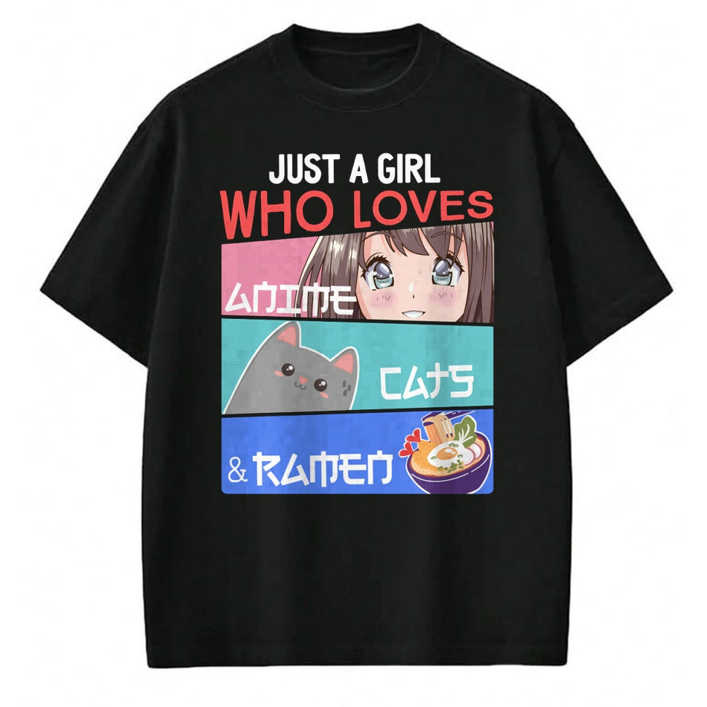 Cat Love Shirt, Funny Cat Lover Gift UnisexT-Shirt/Hoodie/Sweatshirt HLT00 - Just A Girl Who Loves Anime Cats & Ramen Lover Kawaii Otaku Long Sleeve T-Shirt