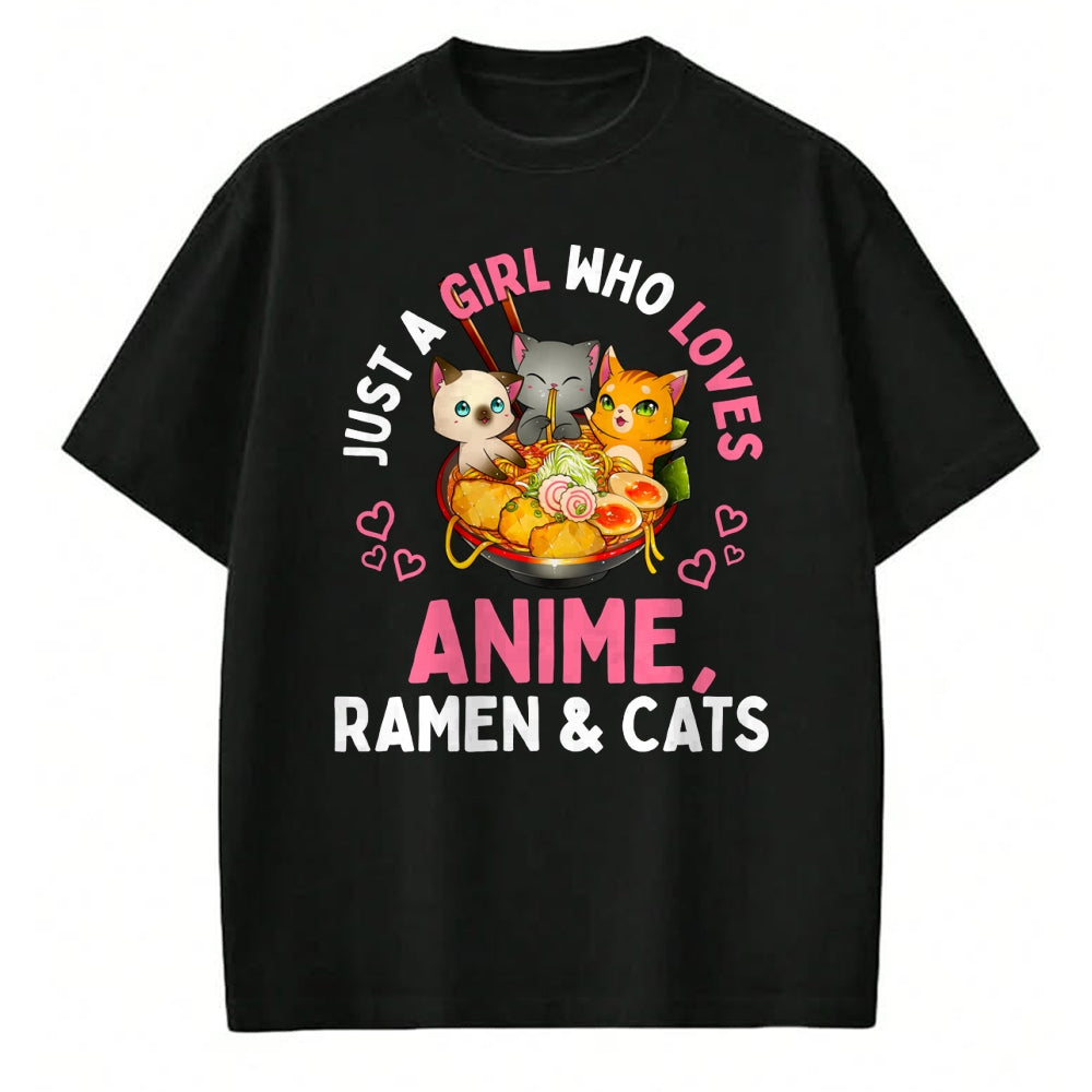 Cat Love Shirt, Funny Cat Lover Gift UnisexT-Shirt/Hoodie/Sweatshirt HLT00 - Just a Girl Who Loves Anime Ramen and Cats Kawaii Manga Gift Long Sleeve T-Shirt