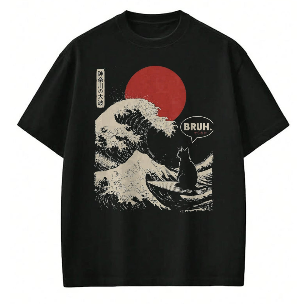 Cat Love Shirt, Funny Cat Lover Gift UnisexT-Shirt/Hoodie/Sweatshirt HLT00 - Bruh. The Great Wave Kanagawa Funny Japanese Surfing Cat T-Shirt, Men, Black, Large