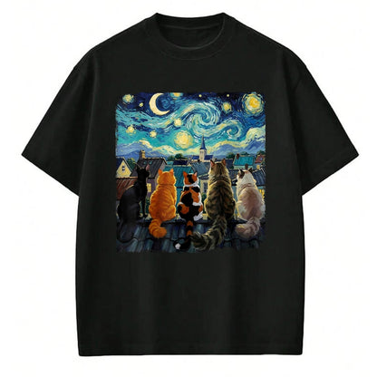 Cat Love Shirt, Funny Cat Lover Gift UnisexT-Shirt/Hoodie/Sweatshirt HLT00 - Funny Cat Starry Night Van Gogh Cats Rooftop Scene Feline T-Shirt, Women, Black, 3X-Large