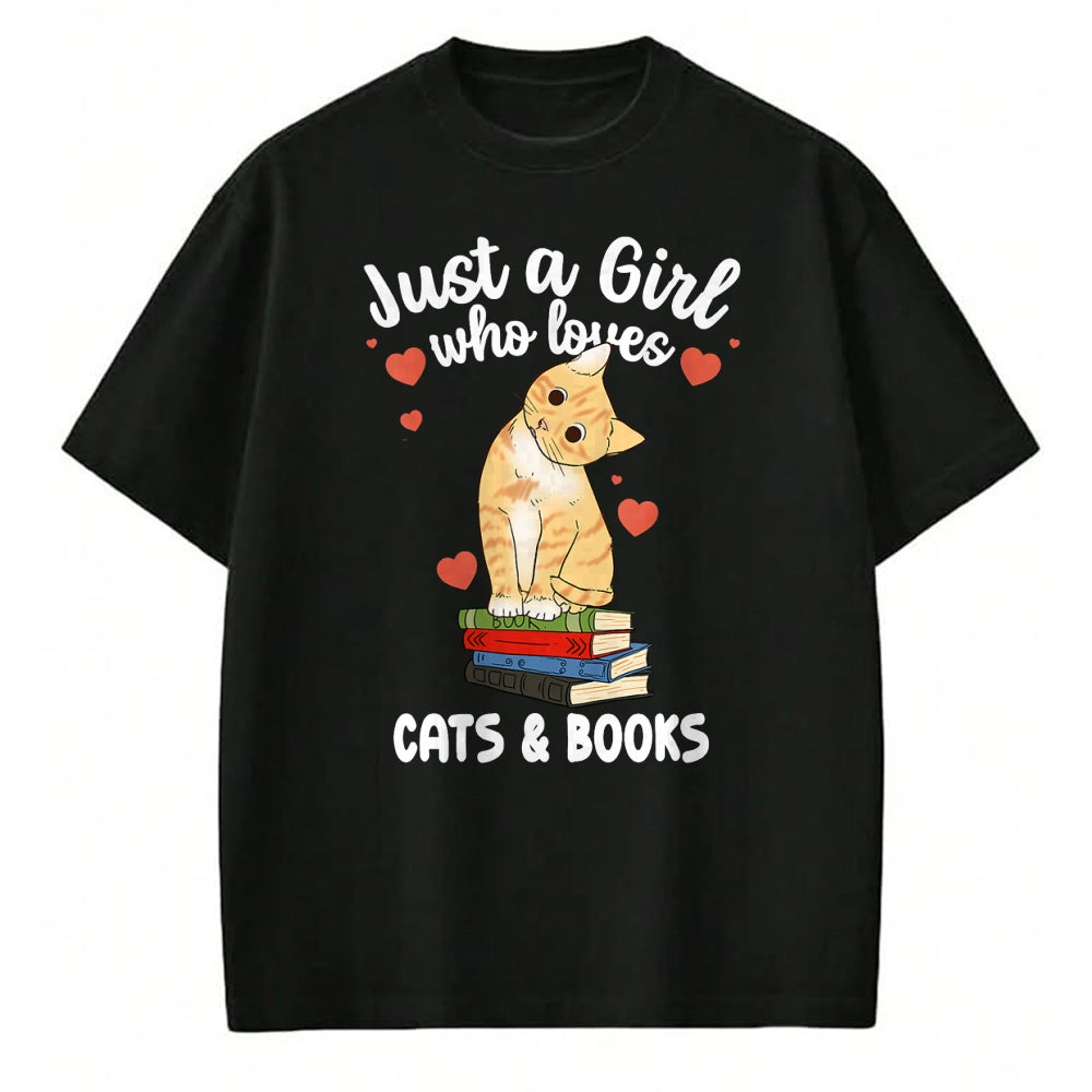 Cat Love Shirt, Funny Cat Lover Gift UnisexT-Shirt/Hoodie/Sweatshirt HLT00 - Just a Girl Who Loves Cats and Books Reading Cat & Bookworm T-Shirt