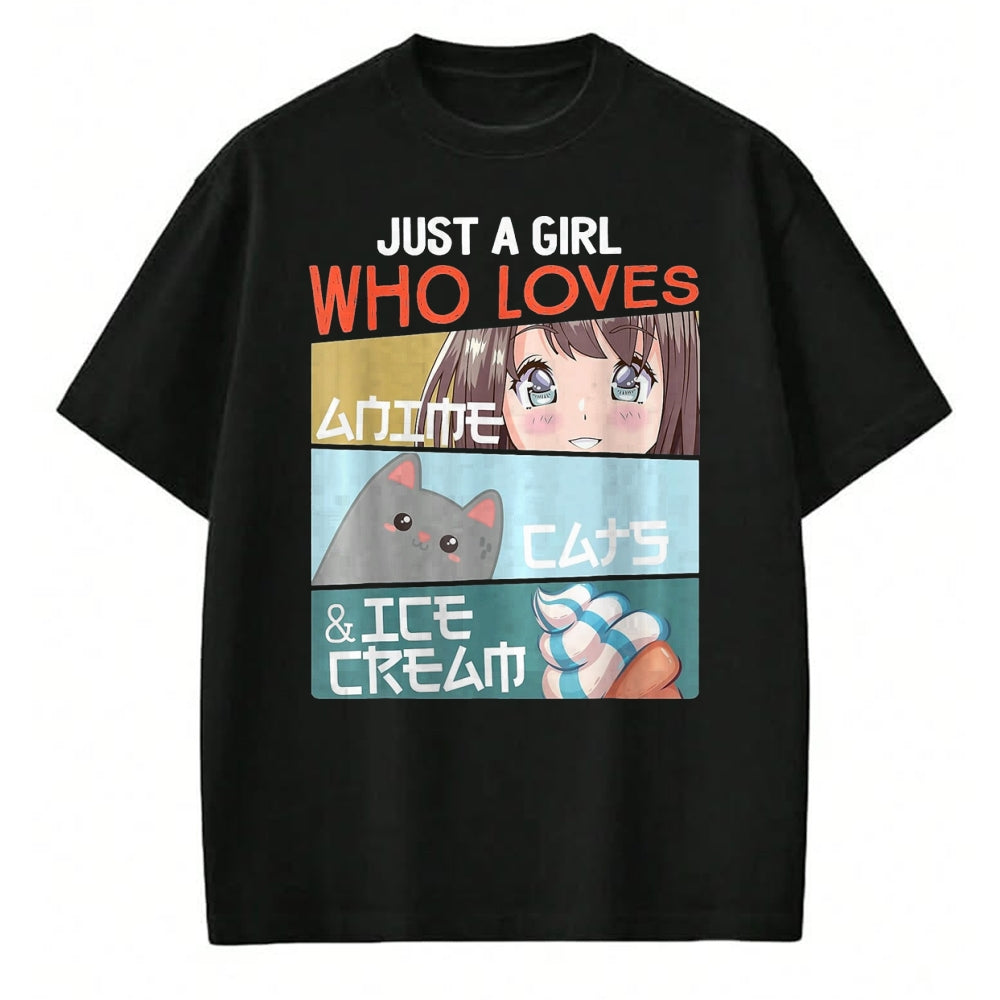 Cat Love Shirt, Funny Cat Lover Gift UnisexT-Shirt/Hoodie/Sweatshirt HLT00 - Just A Girl Who Loves Anime Cats Ice Cream Otaku Manga Lover T-Shirt, Women, Baby Blue, Large