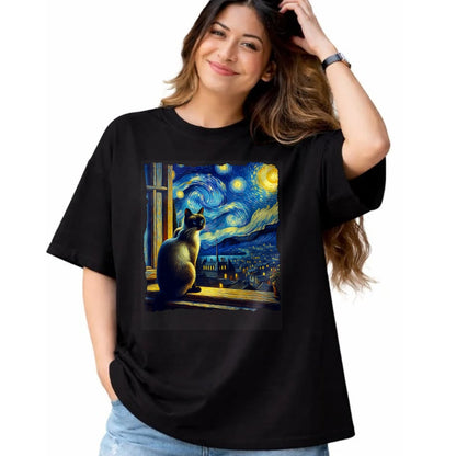 Cat Love Shirt, Funny Cat Lover Gift UnisexT-Shirt/Hoodie/Sweatshirt HLT00 - Cat Siamese Cat Starry Night Siamese T-Shirt