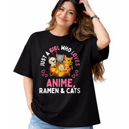 Cat Love Shirt, Funny Cat Lover Gift UnisexT-Shirt/Hoodie/Sweatshirt HLT00 - Just a Girl Who Loves Anime Ramen and Cats Kawaii Manga Gift Long Sleeve T-Shirt