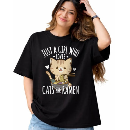 Cat Love Shirt, Funny Cat Lover Gift UnisexT-Shirt/Hoodie/Sweatshirt HLT00 - Just A Girl Who Loves Cats And Ramen T-Shirt