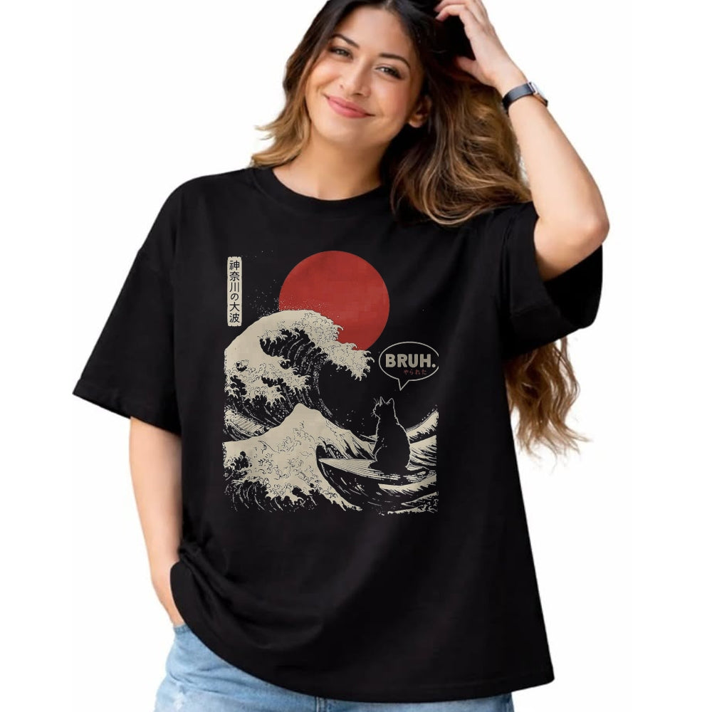 Cat Love Shirt, Funny Cat Lover Gift UnisexT-Shirt/Hoodie/Sweatshirt HLT00 - Bruh. The Great Wave Kanagawa Funny Japanese Surfing Cat T-Shirt, Men, Black, Large