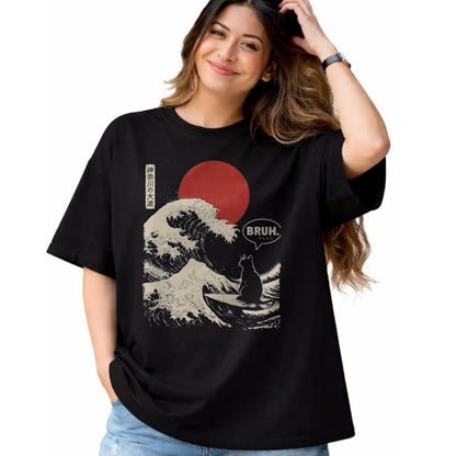 Cat Love Shirt, Funny Cat Lover Gift UnisexT-Shirt/Hoodie/Sweatshirt HLT00 - Bruh. The Great Wave Kanagawa Funny Japanese Surfing Cat T-Shirt, Men, Black, Large