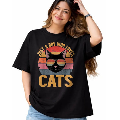 Cat Love Shirt, Funny Cat Lover Gift UnisexT-Shirt/Hoodie/Sweatshirt HLT00 - Just A Boy Who Loves Cats Retro Cat Lover Boys Kids T-Shirt, Youth, Black, Small