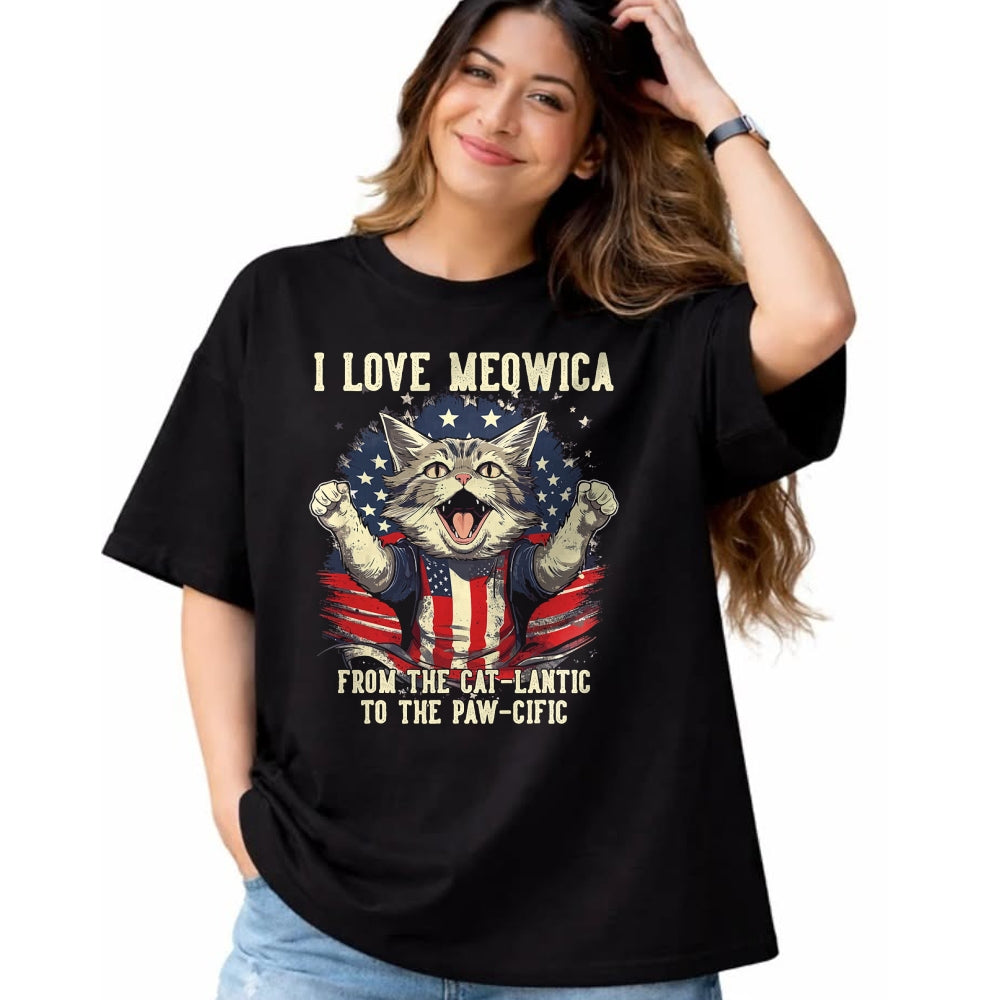 Cat Love Shirt, Funny Cat Lover Gift UnisexT-Shirt/Hoodie/Sweatshirt HLT00 - 4th July Cat Lover, I Love Meowica Patriotic Funny Happy Cat T-Shirt